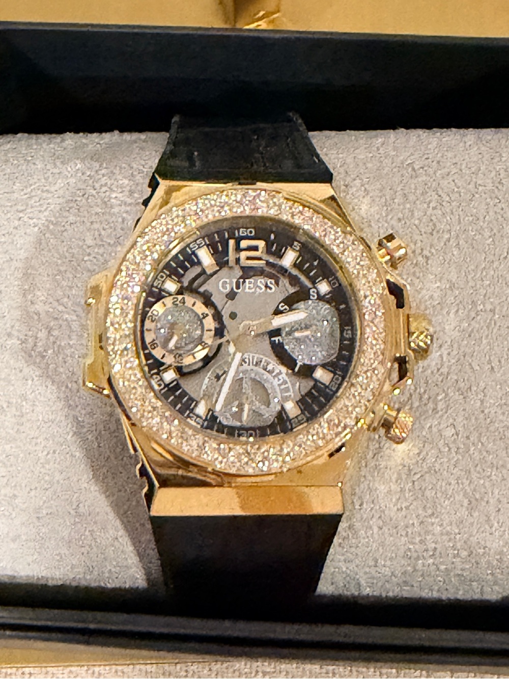 GUESS Black Dial Leather Strap Watch with Gold Tone and Crystal Bezel